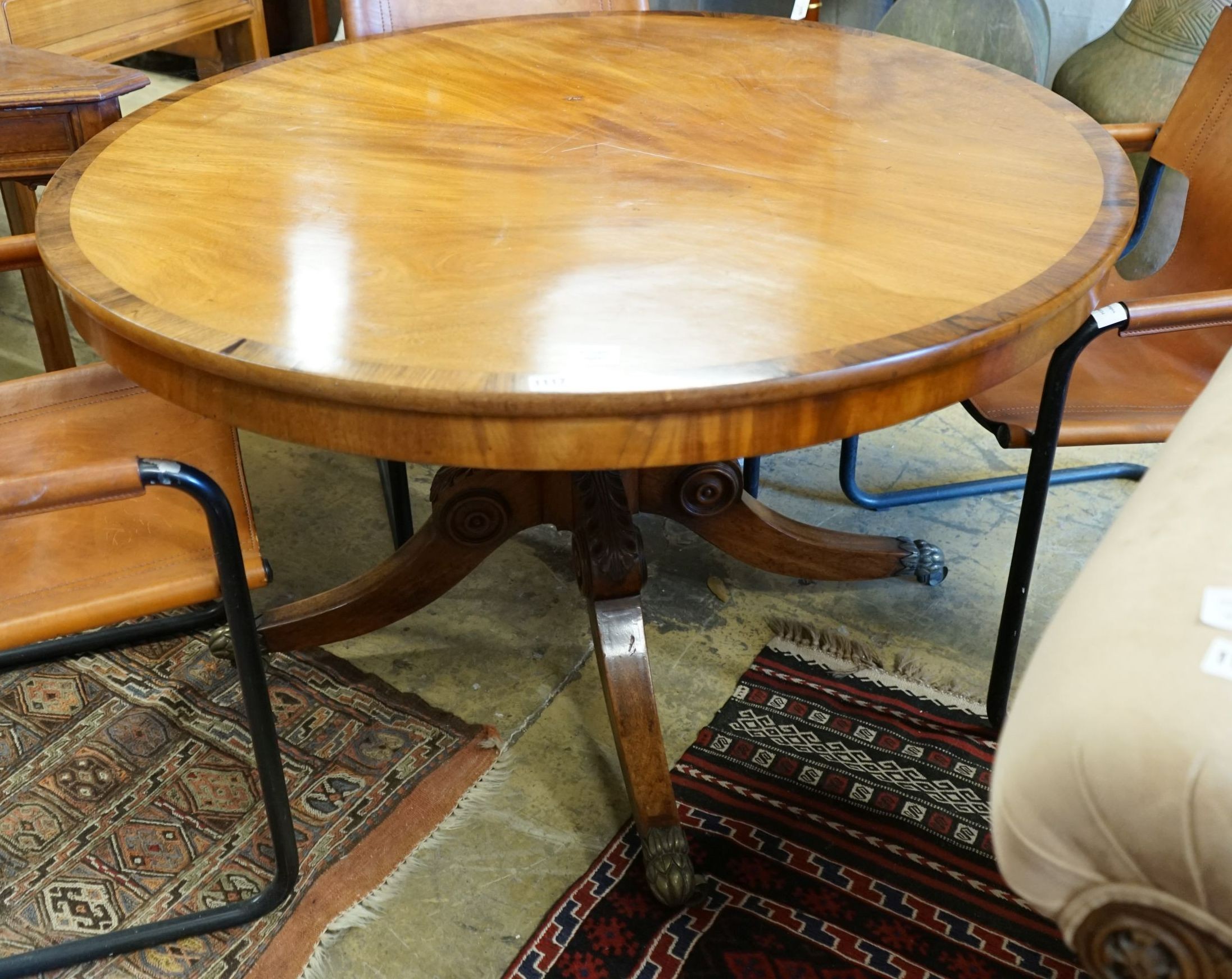 A Victorian rosewood banded circular mahogany tilt top breakfast table, diameter 119cm, height 75cm